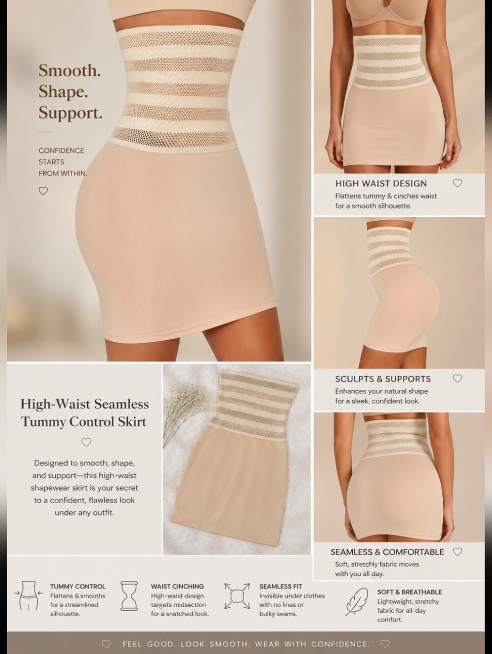 High-Waist Seamless Tummy Control Shapewear Skirt – Light Beige (XL, NWT)